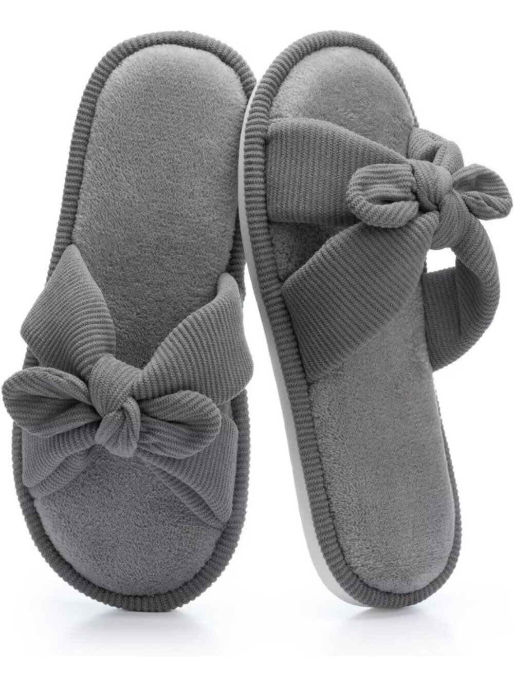 Women's Grey Memory Foam Indoor Corduroy Crossband Open Toe Bow Slipper Shoes